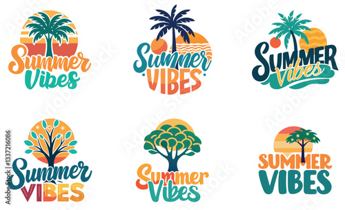 Set of Summer Vibes Logos with Trees and Sun