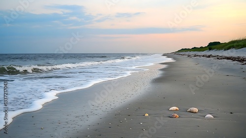 Tranquil beach at dusk with soft waves, scattered seashells, and a pastel-hued sky.







