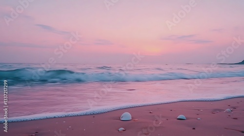 A serene beach with gentle waves, a few scattered seashells, and a pastel-colored sky at dusk