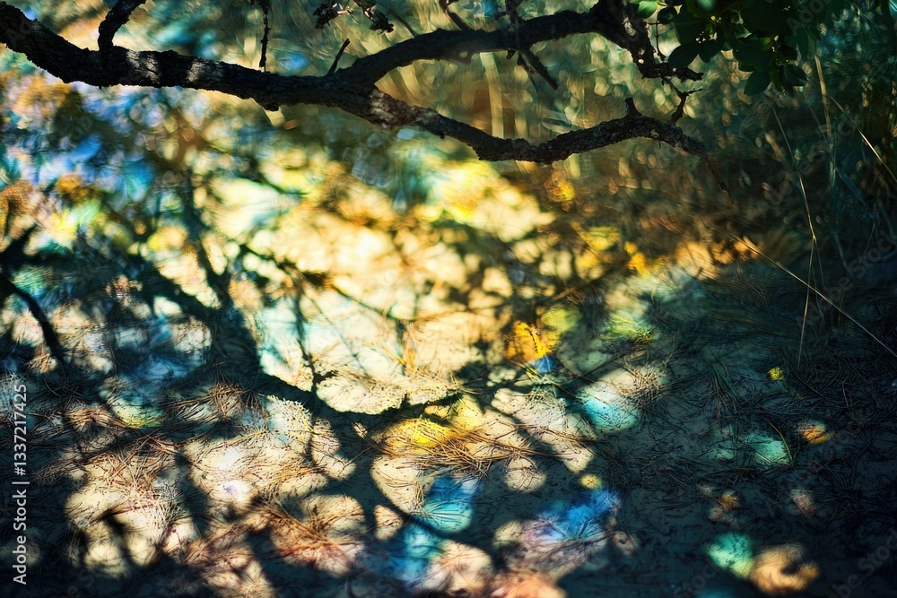 Tree shadows cast on the ground create a colorful, dreamlike pattern with sunlight filtering through the branches. Tree shadows cast on the ground create a colorful, dreamlike pattern with sunlight filtering through the branches.