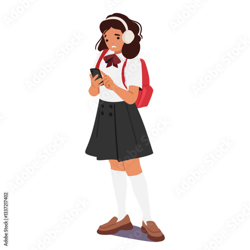 Sad teenage schoolgirl cartoon character looking with sadness at smartphone screen isolated on white