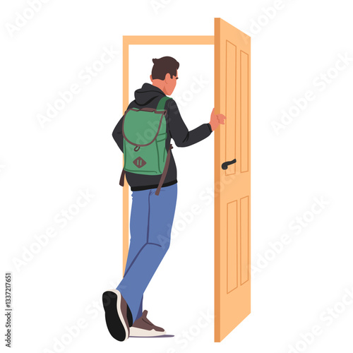 Young man cartoon character opening door coming out home apartment isolated on white background