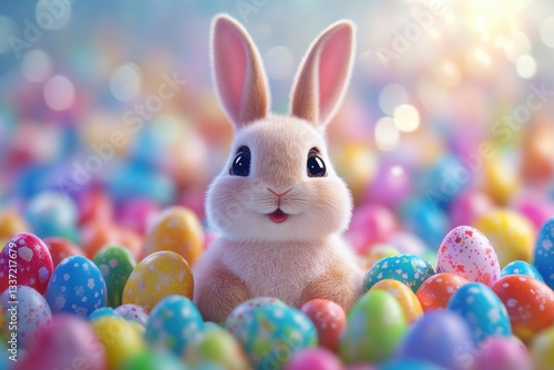 Wallpaper Mural Happy Easter. Fluffy tan rabbit smiles among many colorful decorated eggs in a bright soft light. Lovely spring holiday image. Torontodigital.ca