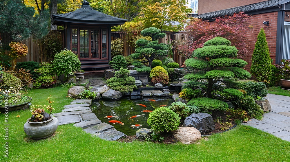 Obraz premium A serene garden with a Japanese pagoda, a koi pond, and carefully trimmed bonsai trees