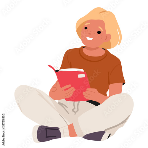 Pretty girl schoolchild cartoon character reading book enjoying homeschooling or hobby activity