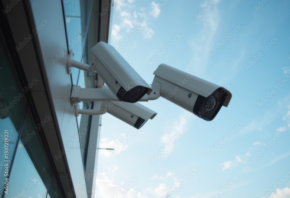 Security cameras mounted on a building, monitoring the surroundings Security cameras mounted on a building, monitoring the surroundings