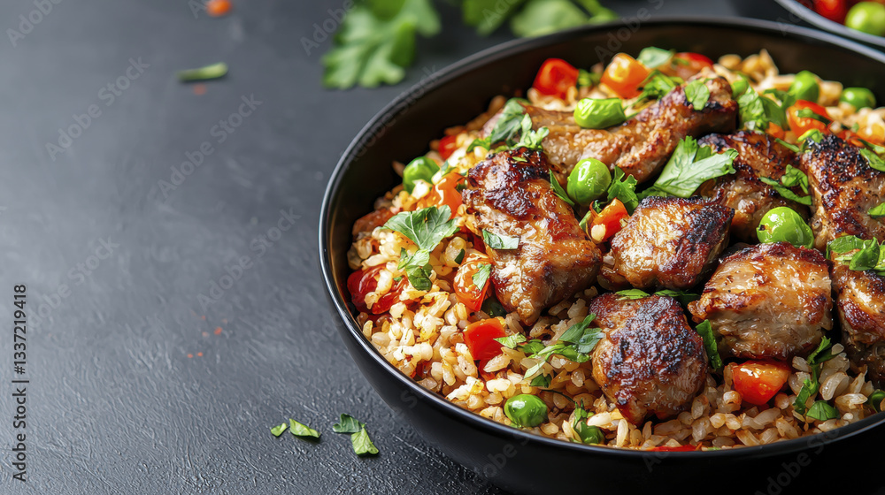 Delicious kabsa with grilled meat, rice, and fresh vegetables garnished with herbs Delicious kabsa with grilled meat, rice, and fresh vegetables garnished with herbs