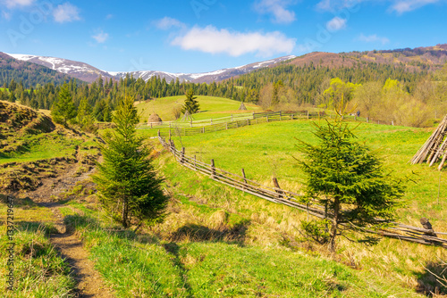rural landscape with wooden fence. vacation in alpine highland. countryside nature on mountain with sky and cloud. grass field for pasture. green scenic forest on hill for outdoor travel