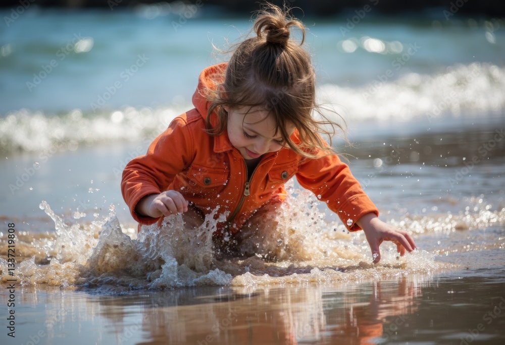 Fototapeta premium A joyful child playing in the shallow water at the beach