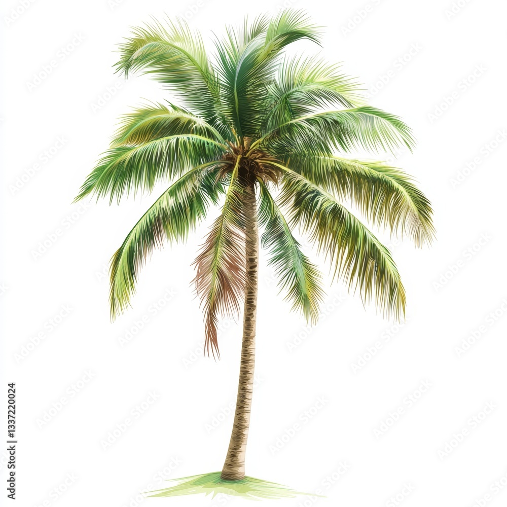 Isolated tropical palm tree, vibrant green foliage, slender trunk, tropical aesthetic Isolated tropical palm tree, vibrant green foliage, slender trunk, tropical aesthetic