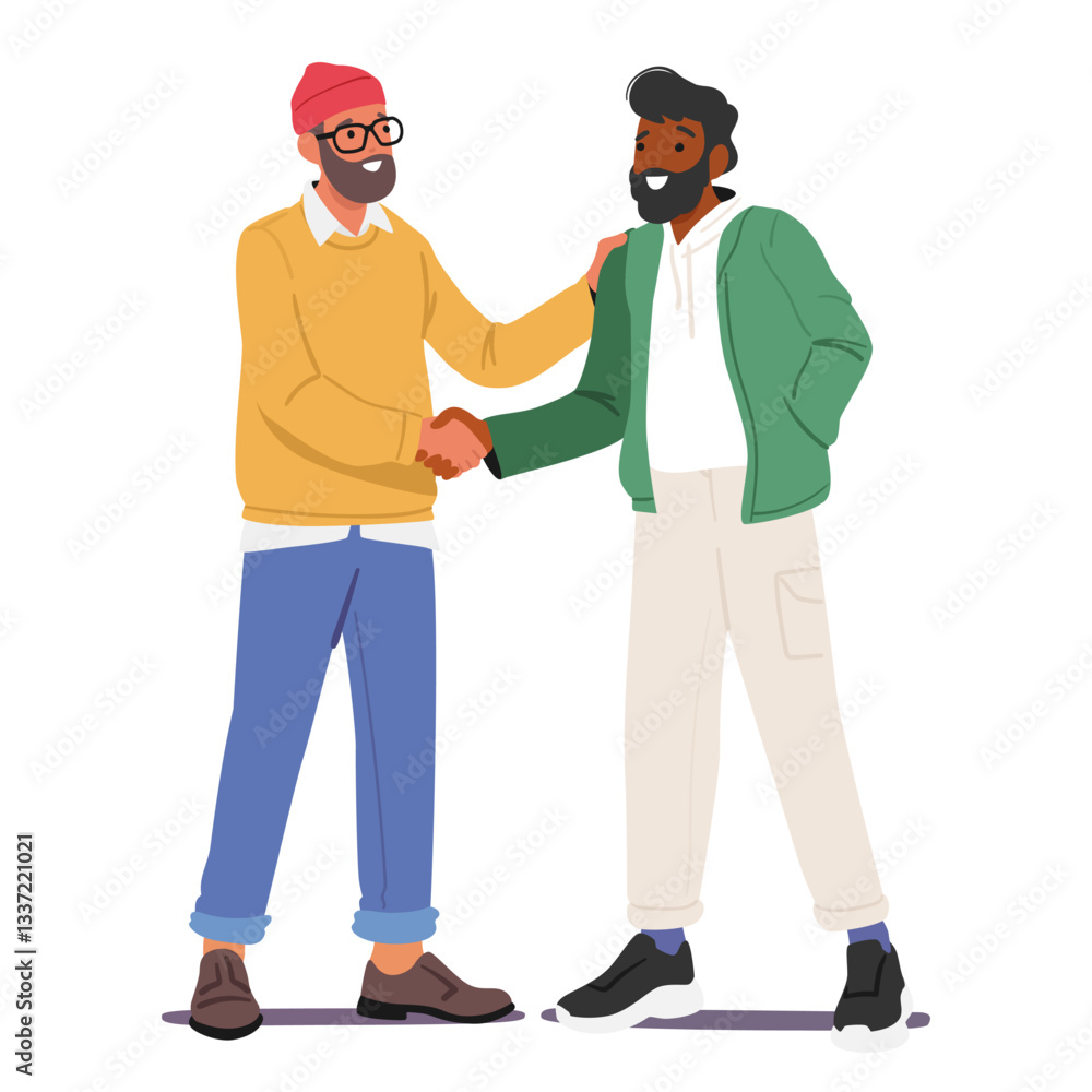 Man freelancers characters shaking hands showcasing partnership and solidarity isolated on white Man freelancers characters shaking hands showcasing partnership and solidarity isolated on white