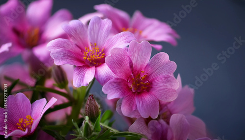 A delicate pink cherry blossom in full bloom with soft petals and a golden center, growing on a slender branch against a dark contrasting background.