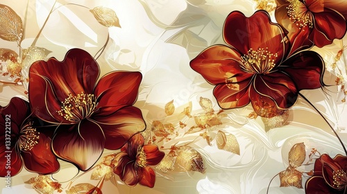 This image features a beautiful illustration of red flowers against a soft beige background, showcasing elegant details and creative artistry.