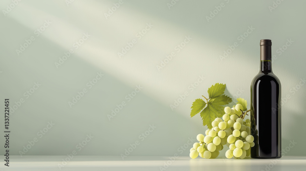 Fototapeta premium minimalist wine bottle with green grapes and leaves on light background. composition evokes sense of calm and elegance