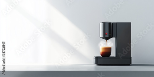 Modern coffee machine pouring espresso into cup on white table, copy space