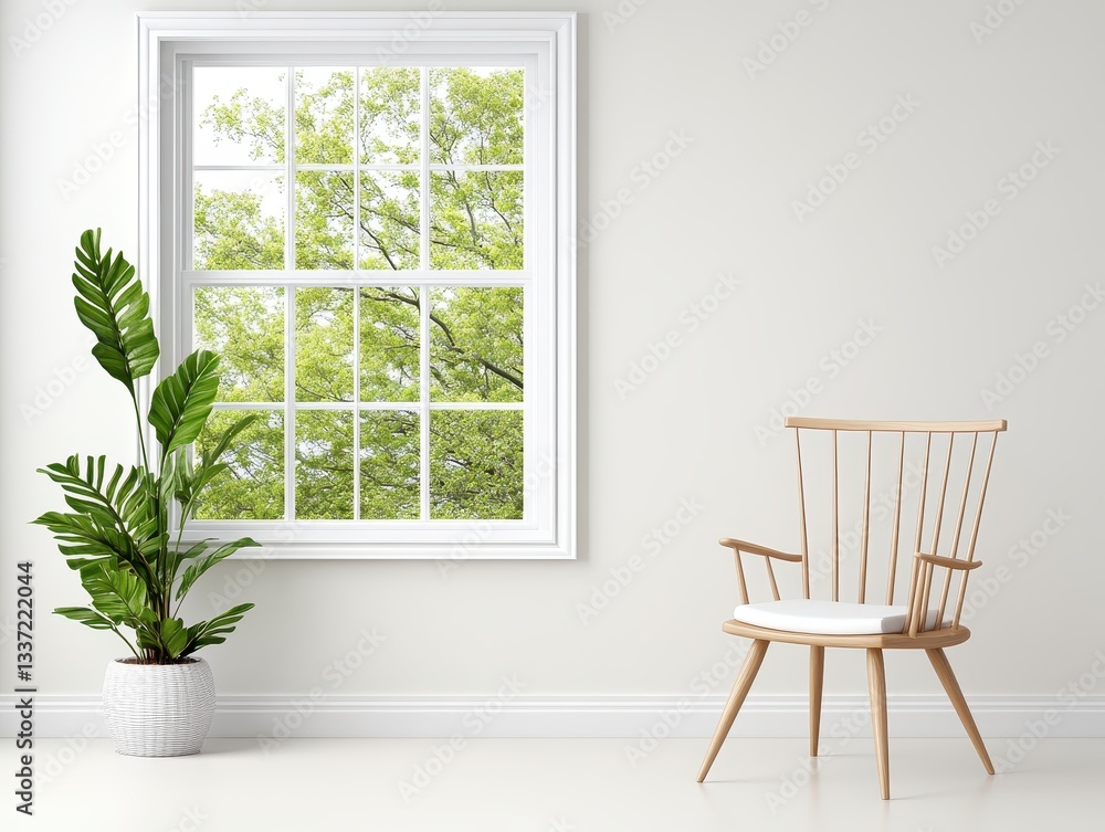 Fototapeta premium Bright and airy interior with a window view of lush greenery and a stylish chair