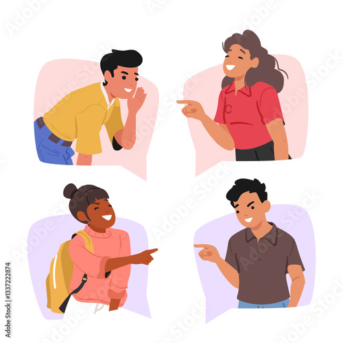 Naughty mocking teenagers cartoon characters spreading hate in social media bullying abusing peers