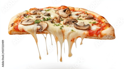 Slice of pizza with melted cheese and mushrooms dripping on white background