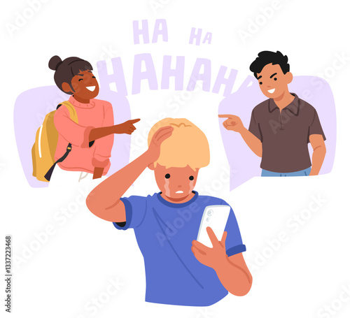 Teenage boy character crying feeling upset and grief due to teasing and threats from one-year-olds