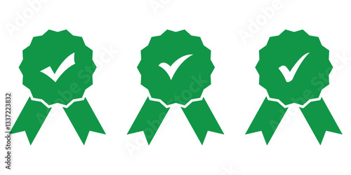 certified medal icon check mark symbol, premium quality icon sign - Approval badge ribbon icon tick mark symbol