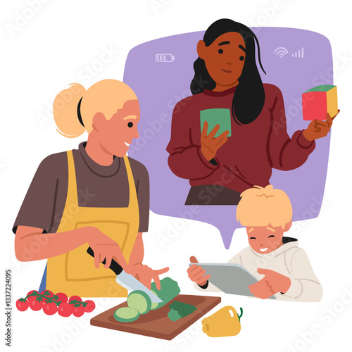 Woman online babysitter playing with little toddler boy while mother cooking dinner on kitchen