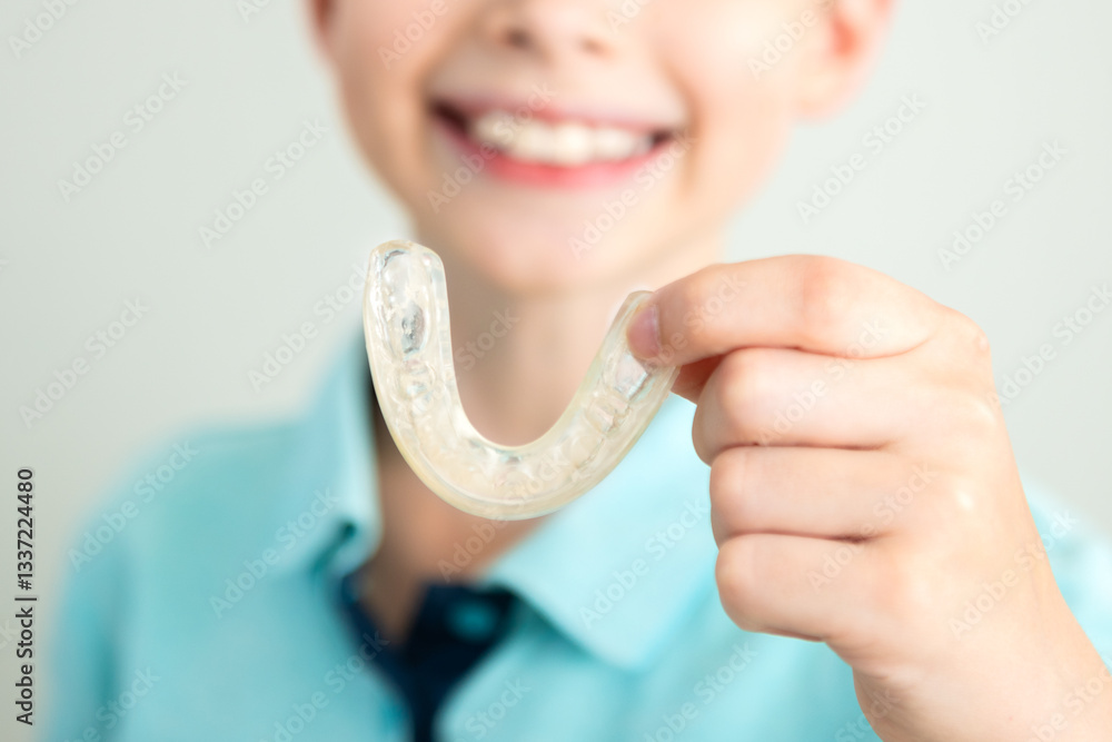 Close -up. A smiling child holds elainers in his hands, kapa for aligning tooths. Eliners for correcting bite Close -up. A smiling child holds elainers in his hands, kapa for aligning tooths. Eliners for correcting bite