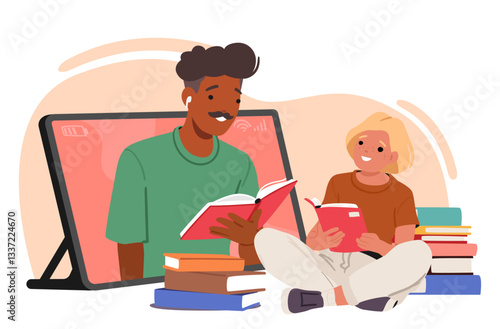 Man online babysitter reading fairytale with preschool girl child during remote daycare activity