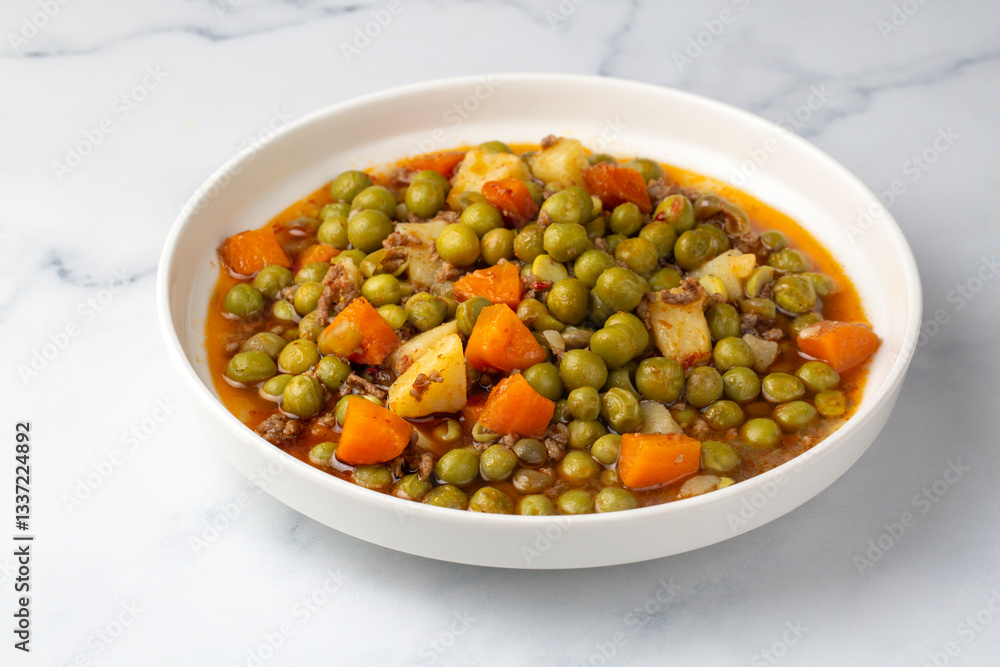 Traditional delicious Turkish food; Peas with minced meat (Turkish name; Kiymali bezelye yemegi)