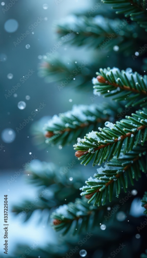 Close-up, frosted fir needles, falling snowflakes, holiday, photography, card Close-up, frosted fir needles, falling snowflakes, holiday, photography, card