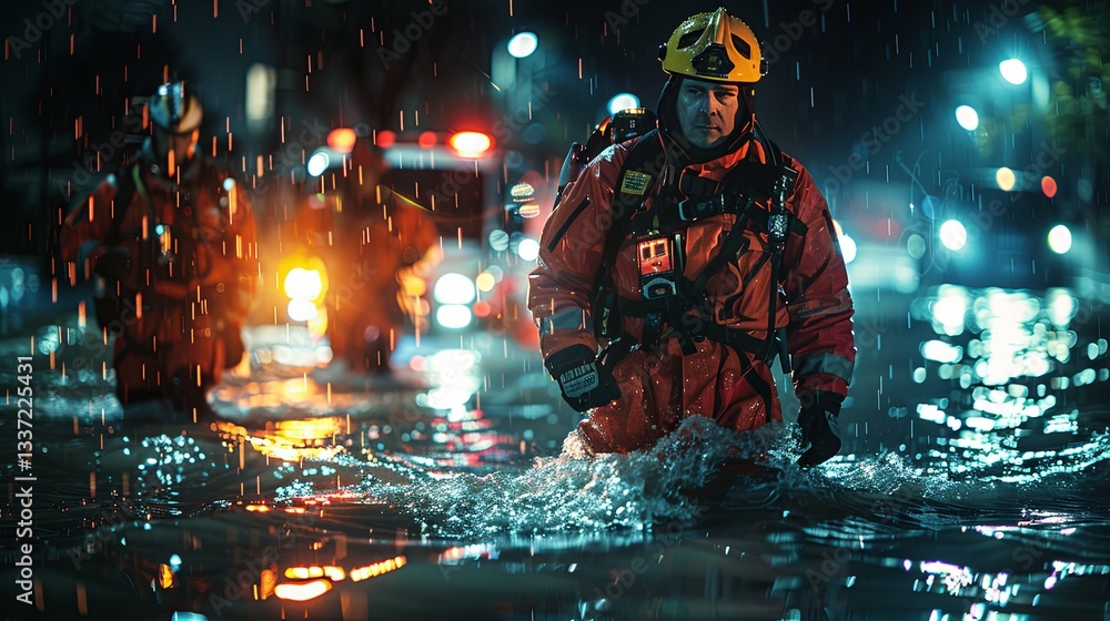 Fototapeta premium Rescue workers wading through floodwaters during a heavy rainstorm at night