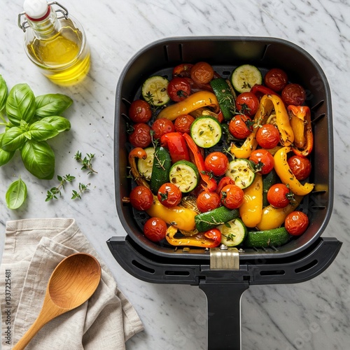 Air fryer roasted vegetables (peppers, zucchini, tomatoes). Fresh basil, olive oil, wooden spoon. Healthy, easy meal on marble counter. Top-down view.

