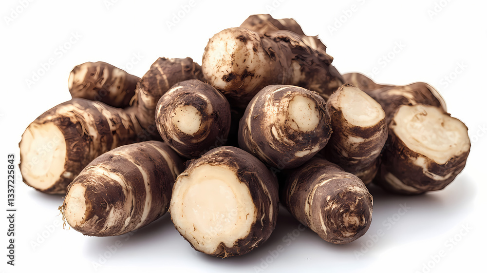 Fresh baby taro roots with brown skin, isolated on white background, food photography. Glistening Roots. Illustration Fresh baby taro roots with brown skin, isolated on white background, food photography. Glistening Roots. Illustration