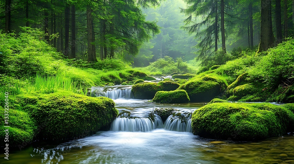 A serene mountain stream with crystal-clear water flowing over smooth stones, surrounded by lush ferns A serene mountain stream with crystal-clear water flowing over smooth stones, surrounded by lush ferns