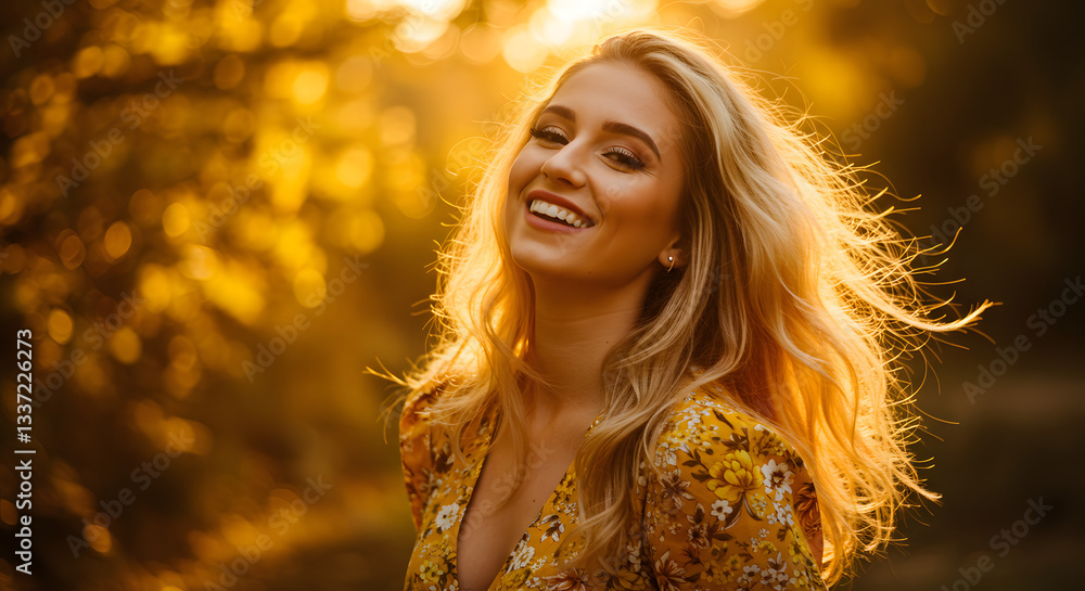 Fototapeta premium A blonde woman smiling in a floral dress with sunlight and bokeh in the background outdoors portrait