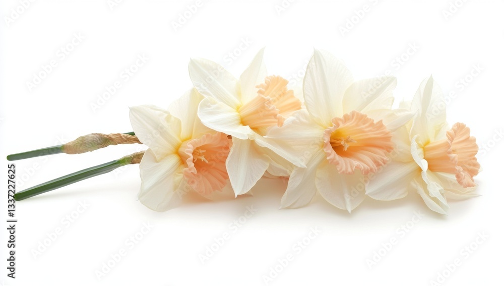 Delicate cream and peach daffodils. Close-up of a cluster of blossoms, showcasing their soft hues and elegant form. Stems and leaves are visible Delicate cream and peach daffodils. Close-up of a cluster of blossoms, showcasing their soft hues and elegant form. Stems and leaves are visible