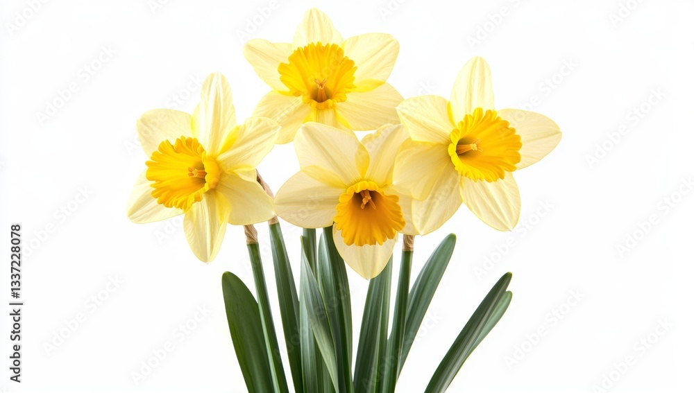 A bouquet of four daffodils, pale yellow with bright yellow centers, on a plain white background A bouquet of four daffodils, pale yellow with bright yellow centers, on a plain white background