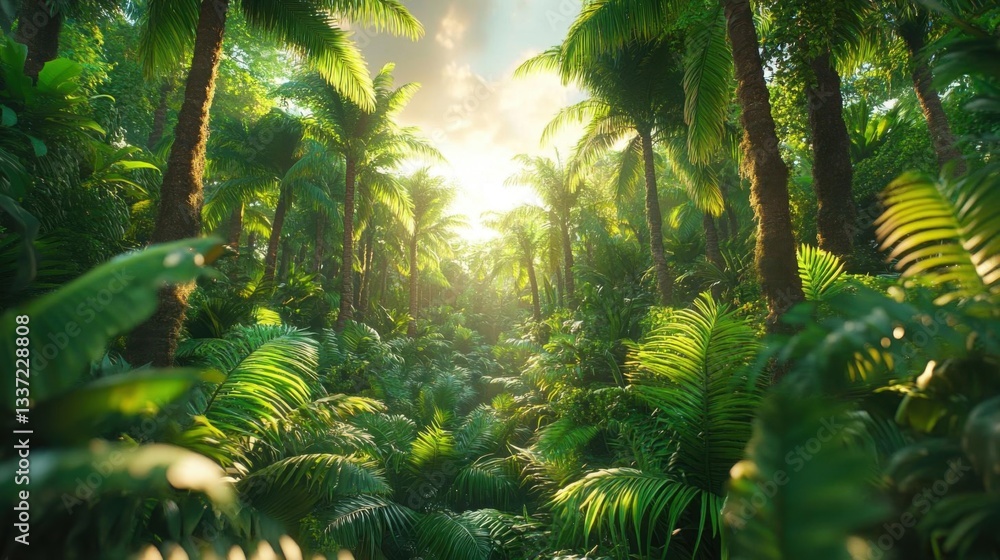 Naklejka premium Lush Tropical Paradise: Sunlit Jungle