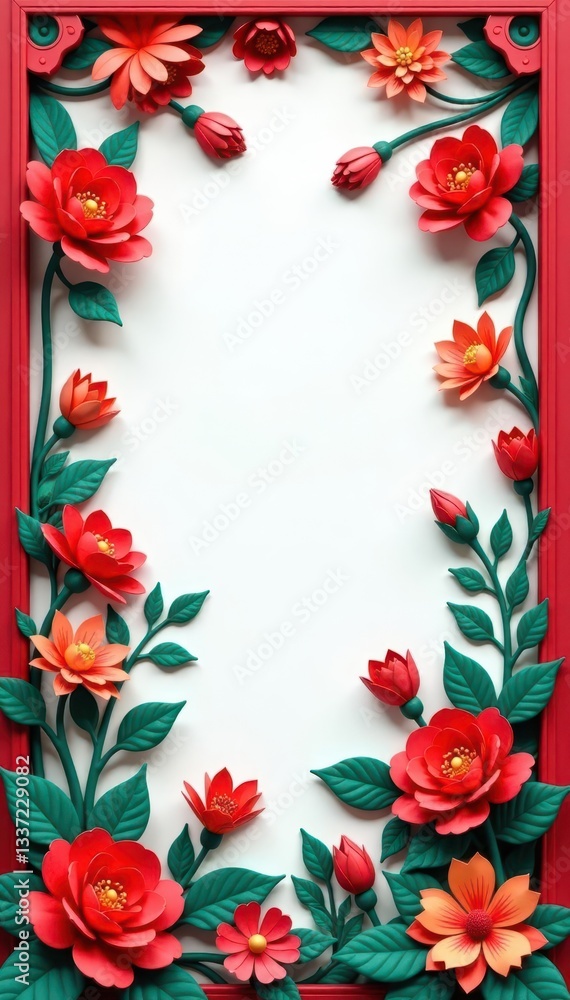 Fototapeta premium Elaborate paper-cut window art; vibrant flowers & lucky symbols , decorative, ancient, craft