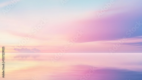 A serene illustration of a pastel gradient sunset sky perfectly reflected in still water. A beautiful and tranquil abstract background for summer, calm, and wellness themes