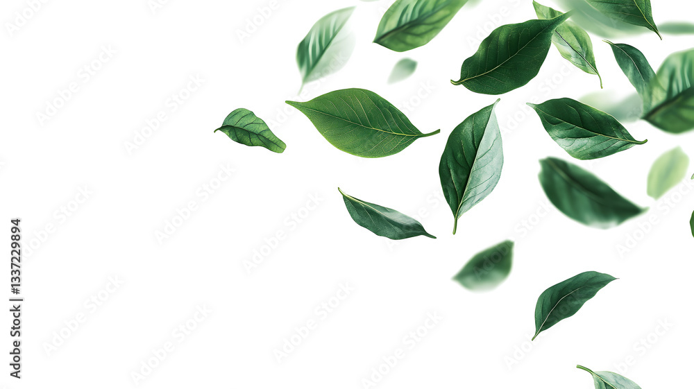 A white background with green leaves flying in the air. The leaves are scattered all over the background, creating a sense of movement and freedom. The image conveys a feeling of nature A white background with green leaves flying in the air. The leaves are scattered all over the background, creating a sense of movement and freedom. The image conveys a feeling of nature