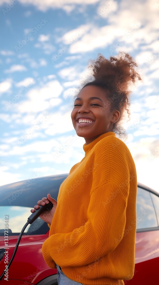 Fototapeta premium Smiling woman charging electric vehicle during clear sky