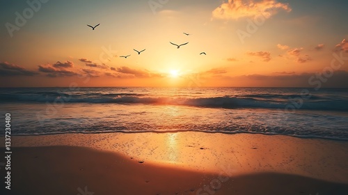 A tranquil beach at dawn with the first rays of light illuminating the waves and the sound of seagulls