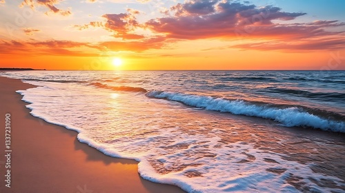 A tranquil beach at sunset with gentle waves, a cool breeze, and a sky ablaze with orange and pink hues