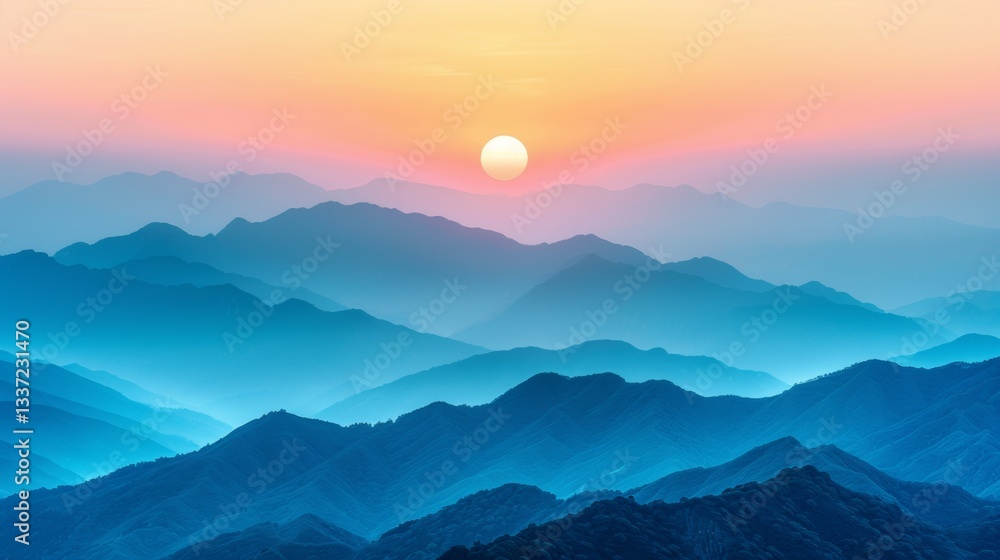 Fototapeta premium Serene sunrise over misty blue mountain valley with soft pastel skies and dreamlike landscape