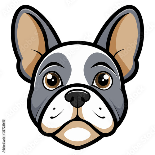 a close-up illustration of a french bulldog's face, depicting the characteristic features such as perky ears, and endearing eyes. The dog is looking towards the viewer.