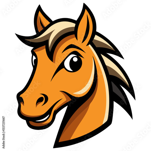 a close-up cartoon illustration of a friendly smiling horse head. The horse has a light brown coat and a playful expression
