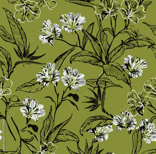 Vintage seamless floral pattern. Liberty style background of small golden orange flowers. Small flowers scattered over a white background. Stock vector for printing on surfaces. Realistic flowers.