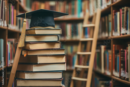 A stack of books with a small graduation cap placed on top
