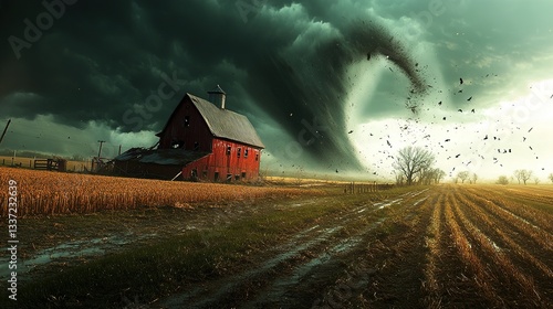 A barn being destroyed as a twister passes through farmland.
