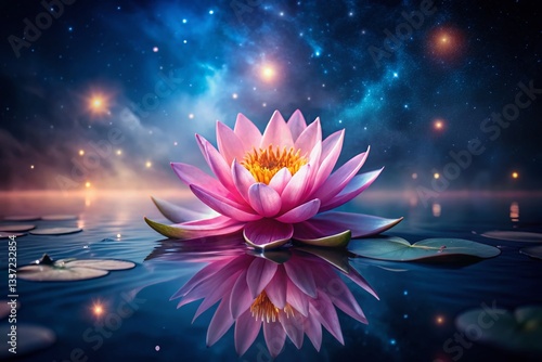 Night Lotus Bloom: Serene Water Lily on Reflective Lake Under Dramatic Sky
